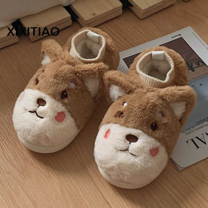 XIXITIAO Cartoon Puppy Winter Full Heel Wrap Thermal Soft Soled Confinement Shoes Leisure Home Indoor Feeling Cotton Slippers Female