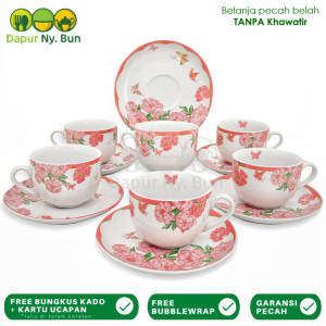 Cangkir Set Tatak Alas Motif Pink Peony Isi 6 Pasang
