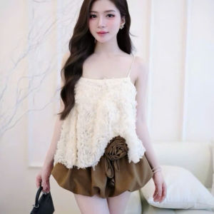 Set thiết kế đi tiệc set đồ tiểu thư xinh chất Quảng Châu áo xoắn babydoll hai dây phối chân váy ngắn dáng bí có quần đính bông dễ thương