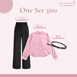 Setelan Pink Outfit (Celana Kulot + Blouse Pita + Jilbab Segi Empat) OOTD Remaja Korean Style HO93N