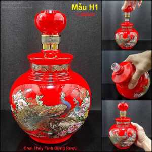 Bình Đựng Rượu Thủy Tinh 1500ml cao cấp bầu tròn màu sơn đỏ may mắn hoa văn công phụng – Chai Đựng Rượu Thủy Tinh – Vỏ Chai Rượu Đẹp (H1)