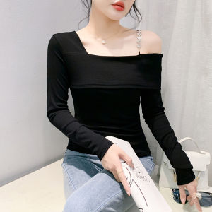 Yimei Áo Thun Nữ Dài Tay mới thời trang mùa thu Áo sơ mi mặc trong ôm gọn phong cách cotton có chuỗi kim cương và hở vai gợi cảm màu đen phía trên