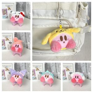 FIRST Stuffed Toy Head Cover Kirby Keychain Cartoon Anime Hat Pink Cartoon Plush Keyring Car Key Accessory Kitty Kirby with Hat Bag Pendant Girls