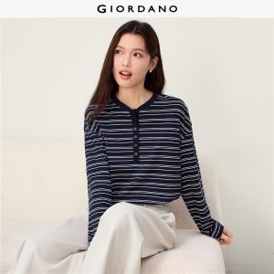 Giordano Beau Monde Women Striped henley neck long sleeve cotton tee Free Shipping 13326619