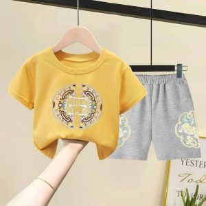 Red T Shirt Summer boy and girl clothing children fashion short sleeved set thin design new Chinese style printed 2PCS set New Year greeting top New Year T Shirt versatile daily wear top