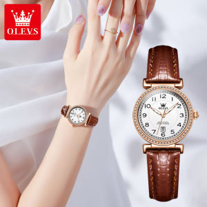 Fashion Quartz Watch with Genuine Leather Strap - Olevs 5590 Round-Dial Calendar Wristwatch