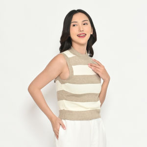 QUEENTIN Tanktop Wanita Rajut 302-2 Cotton Wool Knit Motif Salur Tanpa Lengan