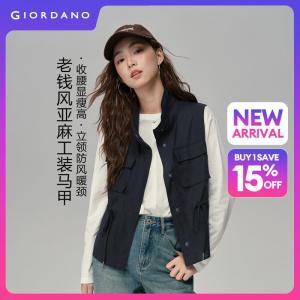 Giordano Women Cargo pockets stand collar drawstring waist vest Free Shipping 18376610