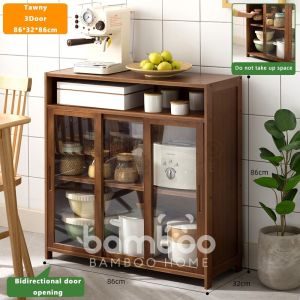 Bamboo Kitchen Cabinet 4/5Layers Storage Rack With Transparent Door Microwave Oven Rack Kitchen Cabinet Multifunctional Shelf Kabinet Rak Dapur
