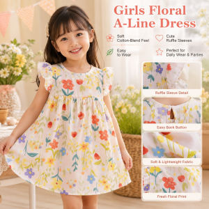 AILEBE Kids Dresses For Girls A-Line Cartoon Print Dress Back Buckle Ruffle Sleeves Soft Lightweight Cotton Polyester Blend Casual OOTD Pambahay Pang Gala Birthday Party Baby Kids Girl