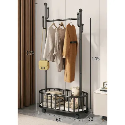 Movable Clothes Rack Bag Hanger with Wheels Drying Coat Hanging Bar Pole Storage Organizer Stand Laundry Basket Box