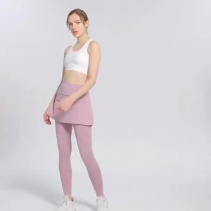Womens 2in1 Sports Pants High Waist Dance Yoga Tights Running Exercise Training Fitness Skirt Leggings㏇0701
