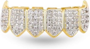 TOPGRILLZ Grillz แวมไพร์ฟัน Silver Grills สำหรับฟันเพชร Grillz สำหรับผู้หญิง18K Gold Plated Iced Out Hip Hop ฟันผู้ชาย Rapper เครื่องแต่งกายคอสเพลย์ Extra Molding บาร์