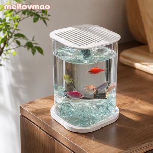 Aquarium Fish Tank Mini Cylinder Desktop Clear Plastic Decorative Home Water Pet Habitat