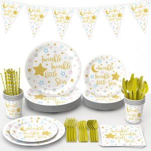 Boys and girls first birthday paper plate set flashing bright moon star paper plate tissue tablecloth