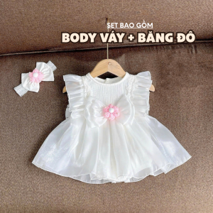 BD243 Body váy xô phối tơ trắng RIOKIDS quần áo cho bé gái sơ sinh đầy tháng thôi nôi