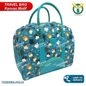 Podusen Tas Jogja - Tas Traveling - Travel Bag Batik Ukuran Besar - Tas Pakaian Batik Ukuran Besar - Koper Jinjing Kanvas Motif Kucing Abu