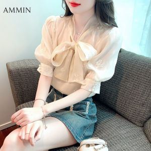 Ammin thời trang phong cách Hàn Quốc khí dây nơ thêu áo cánh vải voan