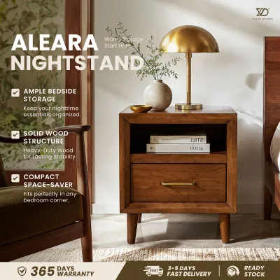 Bed Side Table With Open Shelf Drawer Storage Sturdy Solid Wood Legs in Walnut Finish Mid Century Style by Value Design