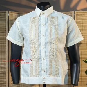 Mens Modern Polo Jacket Barong in Premium Jusilyn Fabric with Lining and Embroidery Short Sleeve FEDERICO CREAM by INGA DESIGNS