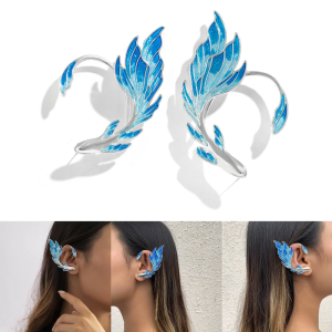 Elf Ear Cuff Earrings Gradient Blue Pierced Ear Wrap Studs Unique Gold-fish Shape Design Fashionable for Girls