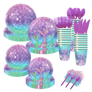 ธีมงานเลี้ยงวันเกิดนางเงือกยอดนิยม อุปกรณ์ตกแต่งงานปาร์ตี้ จานกระดาษ ถ้วยกระดาษทิชชู่ ผ้าปูโต๊ะ กล่องขนม