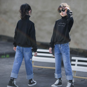 ali9 Girls fleece-lined sweater 2024 Autumn New Medium and Large Childrens Turtleneck Single-Layer Fleece-Lined Fashionable Thickened Childrens Top