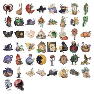 Waterproof PVC Cartoon Witch Stickers With Watercolor Magical Book Skull Designs For Scrapbooking Phone Case DIY Crafts