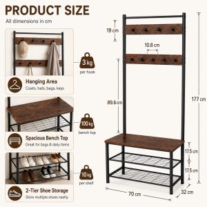 4-in-1 Coat Rack Shoe Bench Entryway Organizer with Hooks Storage Shelf Metal Frame Shoe Rack for Home Bedroom