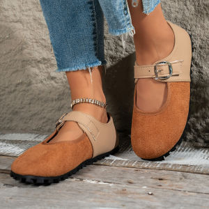 Free Shipping Retro Round-Toe Color-Block Flats For Women 2026 Spring New Collection Perfect With Skirts