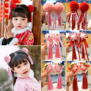 Babyonline(Y380)OF00-A1  มาใหม่ พร้อมส่ง! กิ๊ฟติดผมเด็กวันตรุษจีน ประดับโบว์ พู่ ดอกไม้