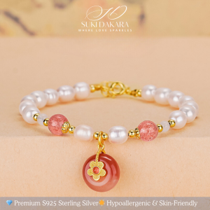 SUKI DAKARA Bracelet Freshwater Pearl 18K Gold Plated S925 Sterling Silver & Strawberry Quartz Elegant Jewelry