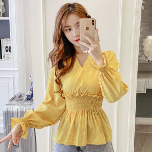 Chiffon Top Women 2024 Summer New Korean style Fold Waist V neck Design Niche Shirt Long sleeve Top Blouses for Women Styles 2024 Baju Perempuan