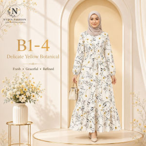 【NYDIA FASHION】DRESS RETRO Bercorak Bunga Leher Bulat Pinggang Bergetah Muslimah Set
