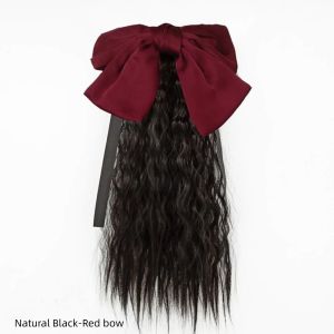YOUYO Daily Soft High quality Cute Birthday Gifts Princess Kids Decor Girls Heat Resistant Red Bows Knot Ponytail Children Curly Ponytail Wig Hair Extensions