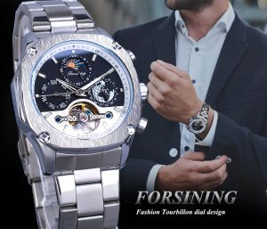 Forsining ชายนาฬิกากลไกสแควร์ Tourbillon Moon Phase วันที่ผู้ชายอัตโนมัติกีฬาสแตนเลสนาฬิกานาฬิกาลีลอยจ์ฮอมเบรย์. ของขวัญผู้ชาย