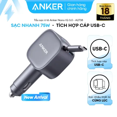 Tẩu sạc xe hơi Anker Nano 75W tích hợp 1 cáp USB-C (Một cổng USB-C 30W) sạc 2 thiết bị hỗ trợ PPS PD QC 3.0 - A2738