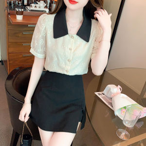 AMMIN ผู้หญิงผ้าชีฟองคอตุ๊กตาแบบบล็อกสีใหม่ฤดูร้อนเสื้อลูกไม้แจ็คการ์ดปักลวดลายสวยงามเหมาะกับแฟชั่นสไตล์เกาหลีร้อยเข้าคู่