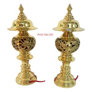 Đôi đèn điện thờ cúng Rồng Phượng số 4 (IP4) bằng đồng cao 49 cm nặng 6.6 kg màu vàng bóng