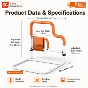 Orange and white 3-level grip handle for easier standing on bed. Lower assist grip top support grip side leverage grip. Pocket for phone.