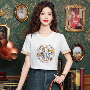 AMMIN เสื้อเบลาส์แขนสั้นสำหรับผู้หญิงเสื้อเบลาส์ปักลายดอกไม้สีเข้ากันกับเสื้อยืดผ้าฝ้ายบริสุทธิ์2024ฤดูร้อนสง่างามแบบลำลอง