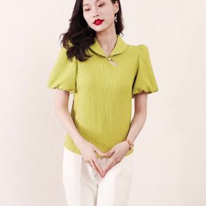 Ammin R Phong cách Trung Quốc Mới Hollow-out khóa áo cánh có ve cổ cho phụ nữ 2024 thời trang lỏng tính khí tất cả các trận đấu Ống Tay Phồng Kết cấu Áo Voan