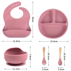 Silicone Baby Feeding Set 5pcs Weaning Supplies for Infants Toddler Plate and Bowl Spoon Forks Set