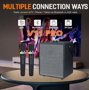 V11 Pro Stereo Surround Bass KARAOKE Wireless Bluetooth Compact Speaker with Two Wireless Microphone