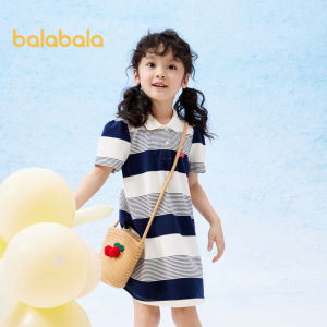 Balabala Childrens Dress Girls  2024 New Spring And Summer Childrens Dress Striped Polo  Artistic Tide
