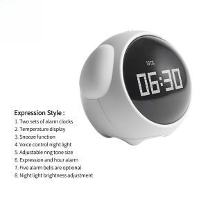2023 New Cute Expression Alarm Clock Child Multifunctional Bedside Voice Control Night Light Snooze Chargeable Child Alarm Clock