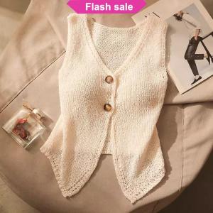 SHENHAO2🎀 Mùa hè phụ nữ thời trang màu sắc rắn Chic nút v-cổ không tay dệt kim yếm