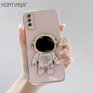 Hontinga Casing Case For Vivo Y20 Y20i Y20S Y20S D Y20SG Y20 2021 Case With Astronaut Folding Stand Fashion Solid Color Luxury Chrome Plated Soft TPU Square Phone Case Full Cover Camera Protection Casing Anti Gores Rubber Cases For Girls