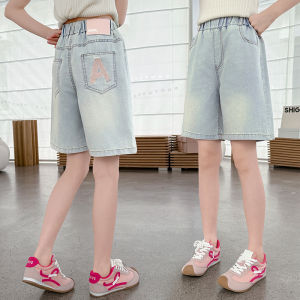 Elegant Kids Summer Blue Denim Shorts with Letter on Pocket for Girls Casual Knee Length Jeans Capris Pants 5 7 9 11 13 14 Y