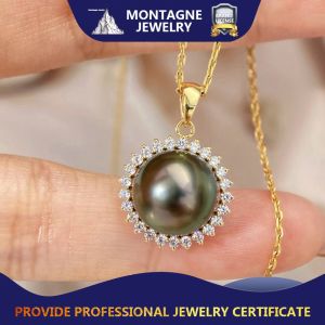 Montagne Jewelry 18k Gold Pendant Elegant Natural Crystal Inset Design Fine Jewellery Natural 10-11mm Tahiti Black Pearl Pendant Gold Necklace